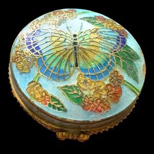 Vintage Cloisonné Enamel Trinket Box Butterfly & Floral Design Round 2" Hinged